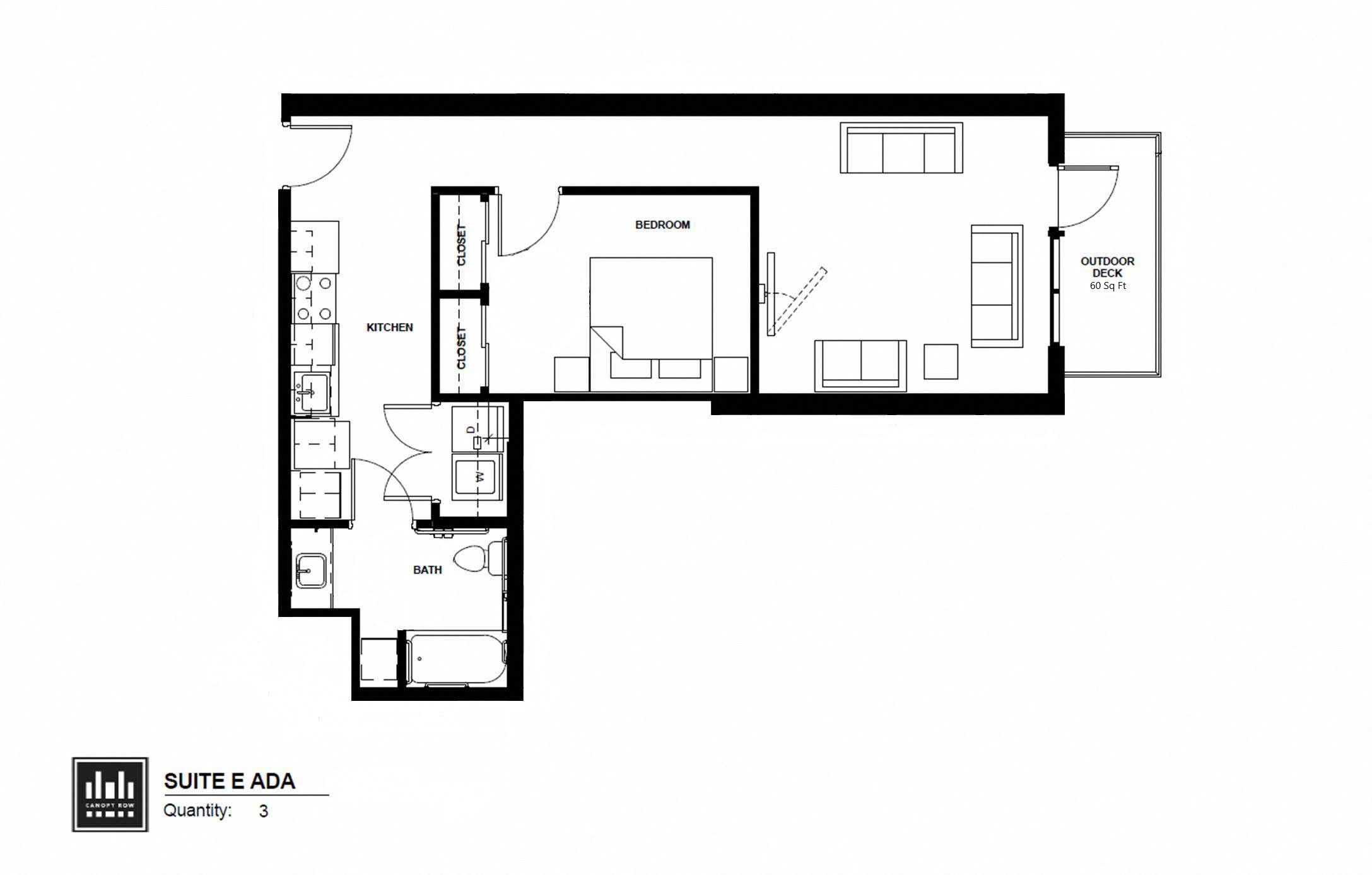 Floor plan for 1 bed, 1 bath, 738 sqft